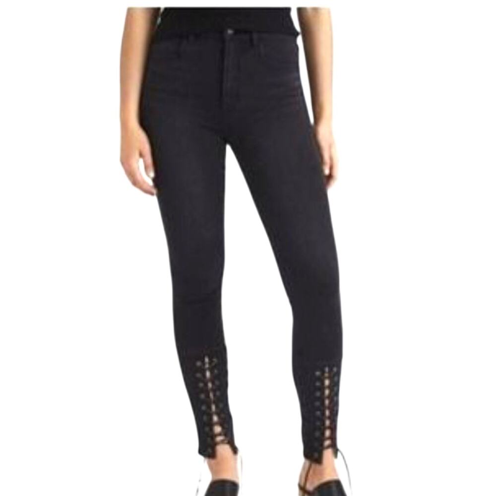 American Eagle Jeans Super Stretch High Rise Lace Up Ankle Black Denim 2 Short
